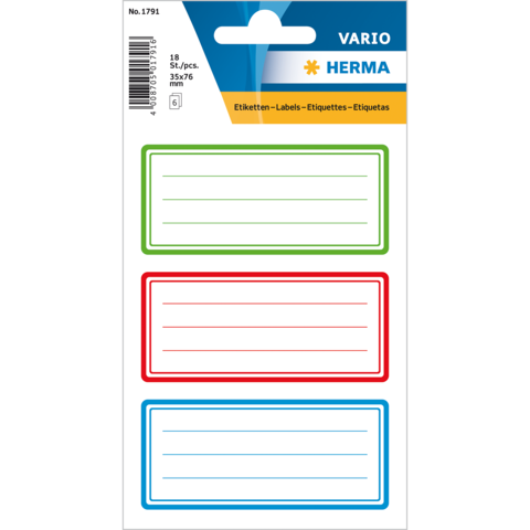Drei Etiketten in verschiedenen Farben (grün, rot, blau) auf einer Verpackung, mit Platz für Beschriftungen. 18 Stück, 35x76 mm.