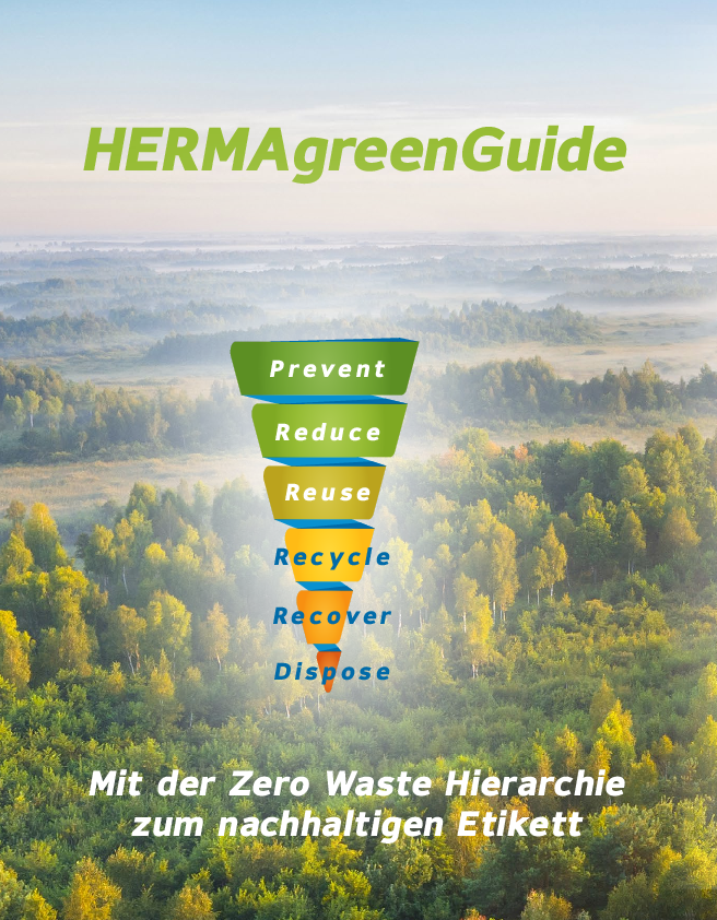 HERMAgreenGuide mit Informationen zur nachhaltigen Effizienz und Zero Waste Hierarchie. Enthält Grafiken und Text über umweltfreundliche Praktiken.