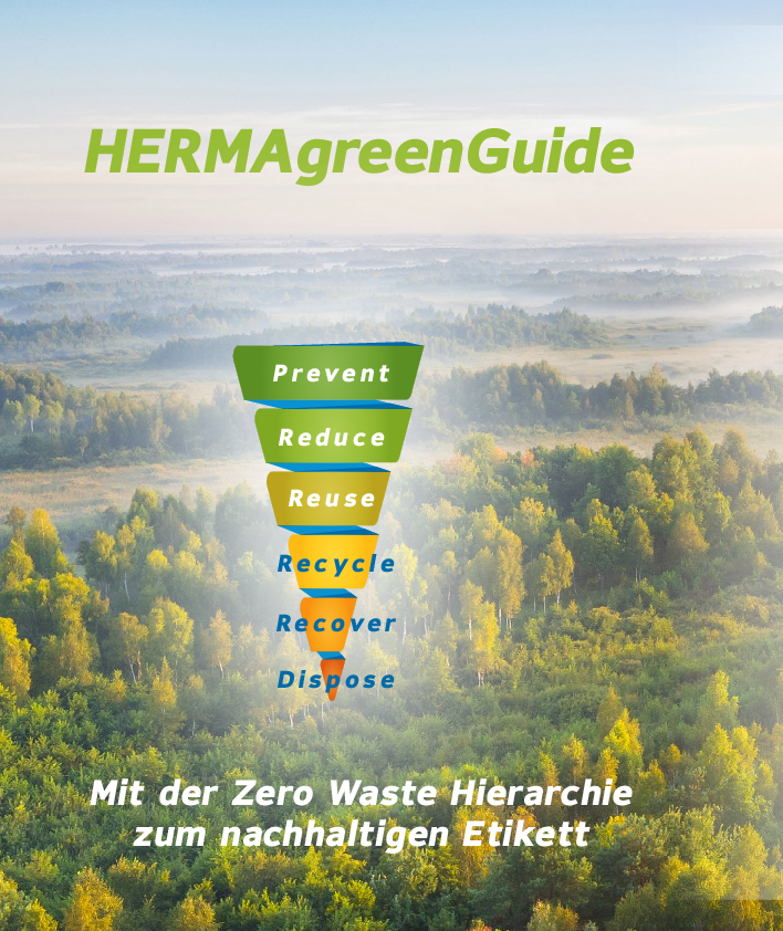 HERMAgreenGuide mit Informationen zur nachhaltigen Effizienz und Zero Waste Hierarchie. Enthält Grafiken und Text über umweltfreundliche Praktiken.