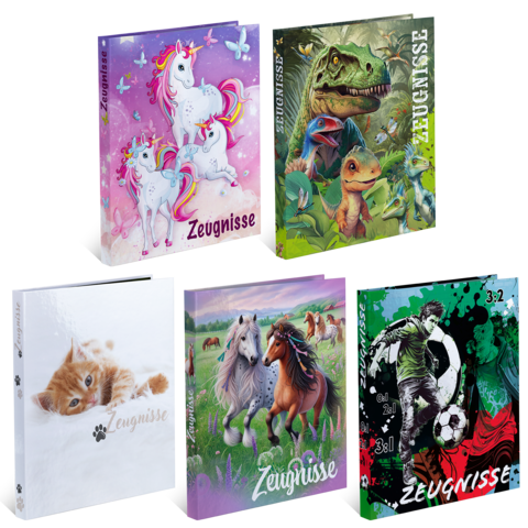 Fünf verschiedene Schulzeugnisse mit bunten Cover-Designs: Einhorn, Dinosaurier, Kätzchen, Pferde und Fußballmotiv.
