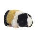 Plüsch-Meerschweinchen mit schwarz-weißer und goldbrauner Fellzeichnung, in seitlicher Ansicht.
