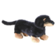 Plüschhund in Form eines Dackels mit schwarzem und braunem Fell, stehend auf vier Pfoten.