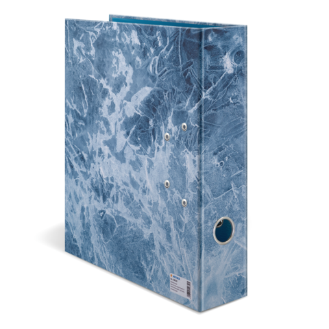 Blauer Ordner mit einer strukturierten Oberfläche und einem runden Ausschnitt, geeignet für die Aufbewahrung von Dokumenten.