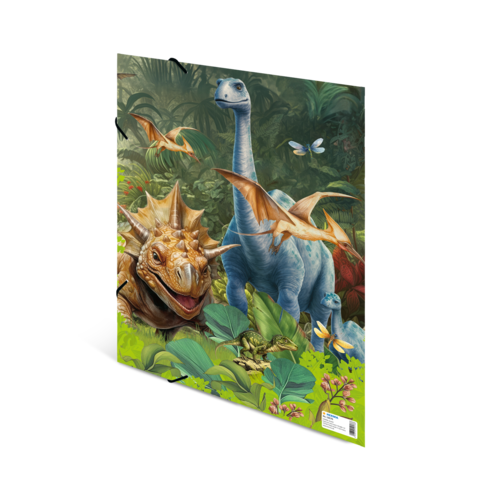 Dinosaurier in einer üppigen, grünen Landschaft, darunter ein Styracosaurus und ein Brachiosaurus, umgeben von fliegenden Pterosauriern.