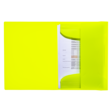 Helle, transparente Ordnerhülle in Neon-Gelb mit einem sichtbaren Dokument im Inneren.