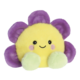 Ein gelbes, lächelndes Plüschspielzeug in Blumenform mit lila Blütenblättern und grünen Blättern.