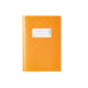 Ein orangefarbenes Notizbuch mit einem weißen Etikett auf der Vorderseite, das Platz für Beschriftungen bietet.