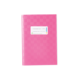 Rosa Notizbuch mit einem weißen Etikett auf der Vorderseite, das Platz für eine Beschriftung bietet.