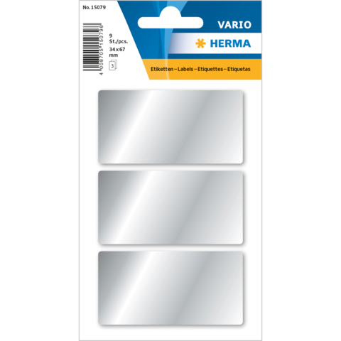 Drei leere Etiketten auf einer Verpackung, geeignet für Beschriftungen, mit den Maßen 34x67 mm.