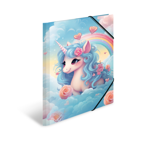 Ein niedliches Einhorn mit blauen Locken und Blumen, umgeben von Wolken und einem Regenbogen, in einem farbenfrohen, fantasievollen Hintergrund.