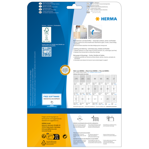 Rückseite einer Verpackung von HERMA mit Informationen zu Produkten, Software und Anwendungshinweisen. Enthält QR-Code und Symbole.
