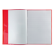 Ein offenes Notizbuch mit linierten Seiten und einem roten Einband. Die linke Seite ist leer, während die rechte Seite Linien zum Schreiben bietet.