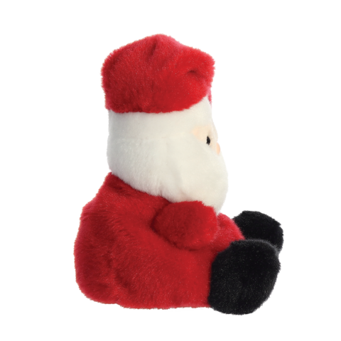 Plüschweihnachtsmann in rotem Anzug mit schwarzem Gürtel und Schuhen, seitlich sitzend, mit weißem Bart und Mütze.
