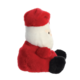 Plüschweihnachtsmann in rotem Anzug mit schwarzem Gürtel und Schuhen, seitlich sitzend, mit weißem Bart und Mütze.
