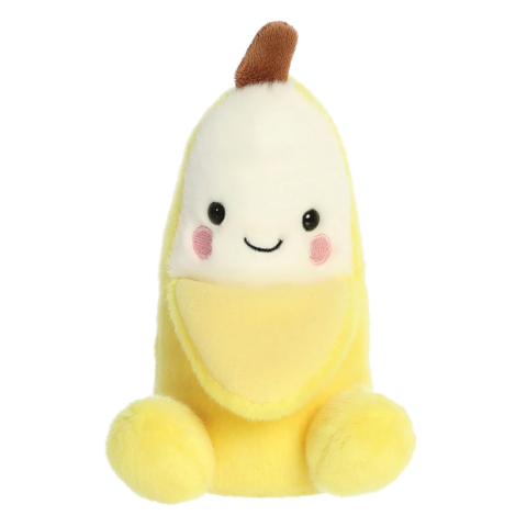 Kuscheltier in Form einer Banane mit einem lächelnden Gesicht, gelber Farbe und braunem Stiel.