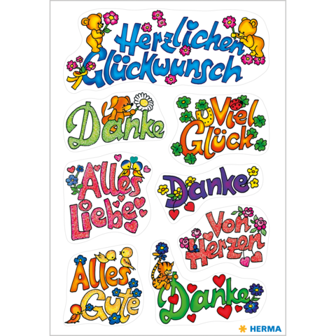 Bunte Aufkleber mit verschiedenen Glückwünschen, darunter "Herzlichen Glückwunsch", "Danke", "Alles Gute" und "Viel Glück".