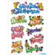 Bunte Aufkleber mit verschiedenen Glückwünschen, darunter "Herzlichen Glückwunsch", "Danke", "Alles Gute" und "Viel Glück".