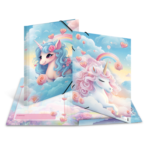 Zwei Einhörner mit bunten Mähnen und Herzen in einer Wolkenlandschaft, umgeben von einem Regenbogen und rosa Rosen.