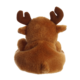 Ein brauner Plüsch-Elch von hinten, mit kleinen Geweihen und einem runden Körper, sitzt auf einer weißen Fläche.