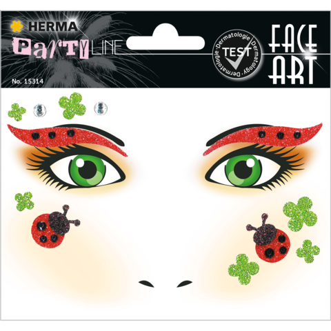 Gesichtsmalset mit glitzernden Augen, roten Augenbrauen, Marienkäfern und Kleeblättern. Enthält auch Strasssteine zur Verzierung.