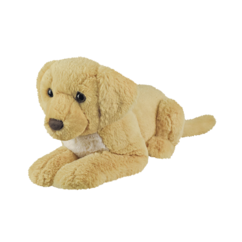Ein plüschiger, gelber Hund liegt auf dem Boden, mit großen Augen und einem freundlichen Ausdruck.