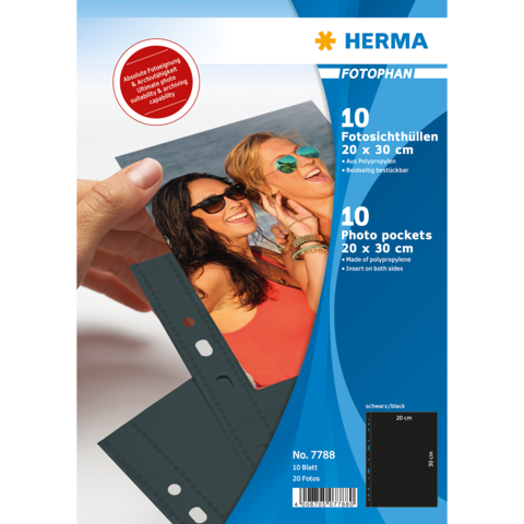 10 Fototaschen in schwarz, geeignet für 20 x 30 cm Fotos. Verpackung zeigt eine Hand, die ein Foto von zwei Frauen mit Sonnenbrillen hält.