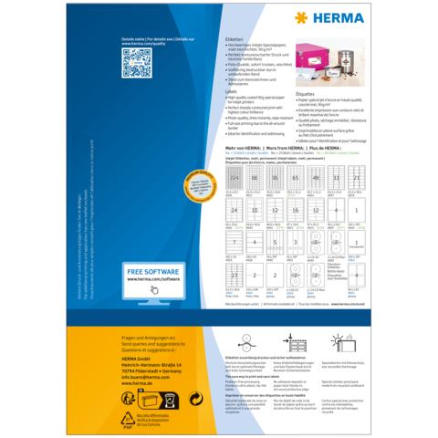 Produktinformationen von HERMA, einschließlich QR-Code, Softwarehinweisen und einer Tabelle mit Etikettenformaten.