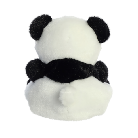 Plüschpanda von hinten, mit charakteristischen schwarzen Ohren und einem runden Körper. Weiches, weißes und schwarzes Fell.