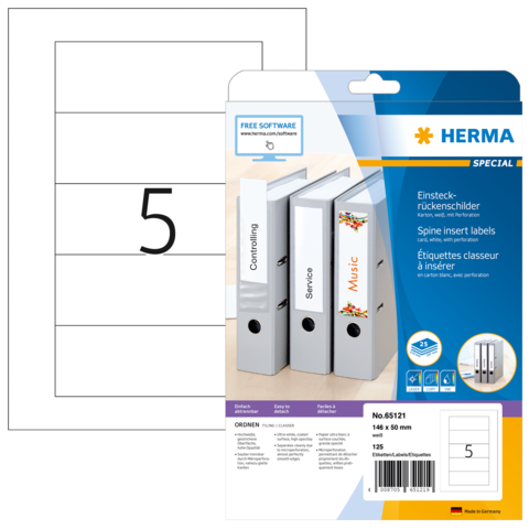 Rückenschilder für Ordner mit der Nummer 5, inklusive Etiketten zum Einfügen. Verpackung zeigt verschiedene Beschriftungsoptionen.