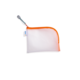 Transparente Tasche mit orangefarbener Kante und Reißverschluss, geeignet für Aufbewahrung oder Transport von kleinen Gegenständen.