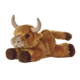 Plüschfigur eines Highlandrinds, liegend mit braunem Fell und kleinen Hörnern, auf einem neutralen Hintergrund.
