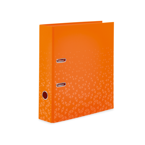Oranger Ordner mit geometrischem Muster und zwei Metallklammern auf der Vorderseite.