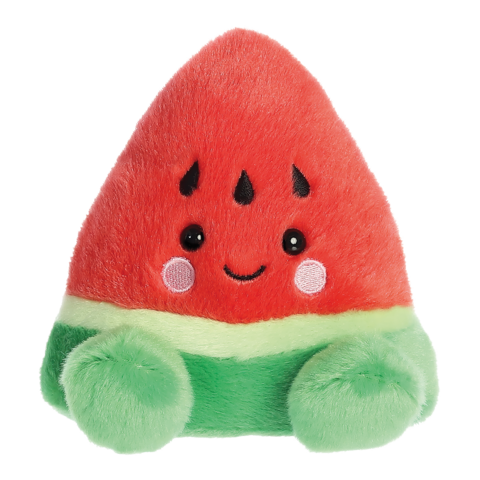 Plüschspielzeug in Form einer Wassermelone, rot mit grüner Unterseite und lächelndem Gesicht, mit kleinen Augen und schwarzen Kernen.