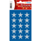 Blaue Sticker mit weißen Sternen auf einem dekorativen Hintergrund, verpackt in einem rechteckigen Layout.