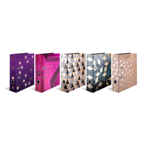 Fünf Ordner in verschiedenen Designs: lila mit Sternen, pink mit Streifen, geometrische Muster in Schwarz und Gold.