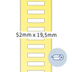 Gelbe Etiketten mit den Maßen 52 mm x 19,5 mm, mit mehreren horizontalen Linien und einem Symbol für einen Rollenetikettendrucker.
