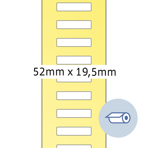Gelbe Etiketten mit den Maßen 52 mm x 19,5 mm, mit mehreren horizontalen Linien und einem Symbol für einen Rollenetikettendrucker.