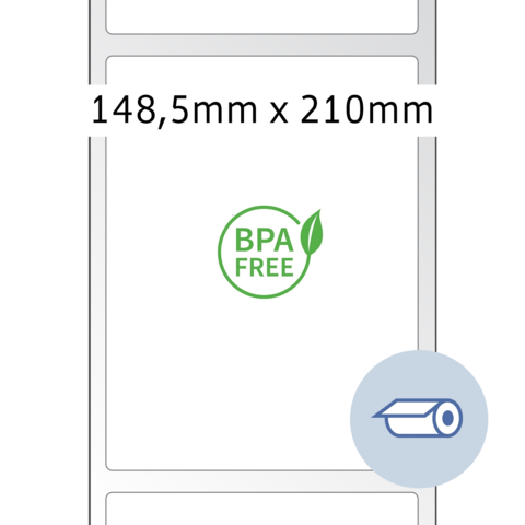 BPA-freies Etikett mit den Maßen 148,5 mm x 210 mm und einem Symbol für eine Rolle.
