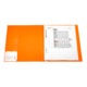 Oranger Ordner mit einem Dokument, das eine Tabelle enthält, die verschiedene Daten oder Informationen auflistet.