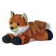 Plüschfuchs mit orangefarbenem Fell, weißen und schwarzen Akzenten, in liegender Position.