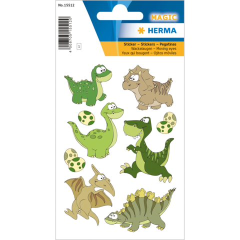 Bunte Dinosaurier-Sticker mit beweglichen Augen, darunter verschiedene Arten wie ein Stegosaurus, ein Brachiosaurus und ein Pterodactylus.
