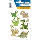 Bunte Dinosaurier-Sticker mit beweglichen Augen, darunter verschiedene Arten wie ein Stegosaurus, ein Brachiosaurus und ein Pterodactylus.