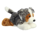Plüschhund in liegender Position mit grauem und braunem Fell, großen Augen und einem weißen Fleck auf dem Kopf.
