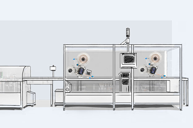 Eine industrielle Maschine mit mehreren Komponenten, einschließlich Steuerungseinheiten und Arbeitsstationen, in einem modernen Design.