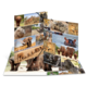Ein aufgeschlagenes Buch mit verschiedenen Tierfotos, darunter Elefanten, Löwen, Giraffen, Zebras und andere Wildtiere in unterschiedlichen Lebensräumen.