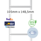 Maße von 105 mm x 148,5 mm, mit Logos von FedEx, GLS und Hermes. Hinweis auf BPA-freie Materialien.