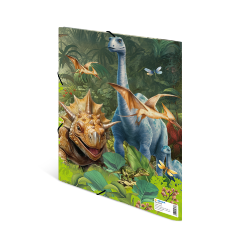 Dinosaurier in einer üppigen Dschungellandschaft, darunter ein Styracosaurus und ein Brachiosaurus, umgeben von fliegenden Reptilien und Pflanzen.
