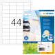 Etikettenbogen mit 44 leeren Feldern und Verpackung, die Recyclingpapier und kostenlose Software zur Erstellung von Etiketten bewirbt.