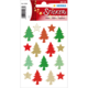 Weihnachtliche Aufkleber mit verschiedenen Tannenbäumen und Sternen in Rot, Grün und Gold auf einem dekorativen Hintergrund.