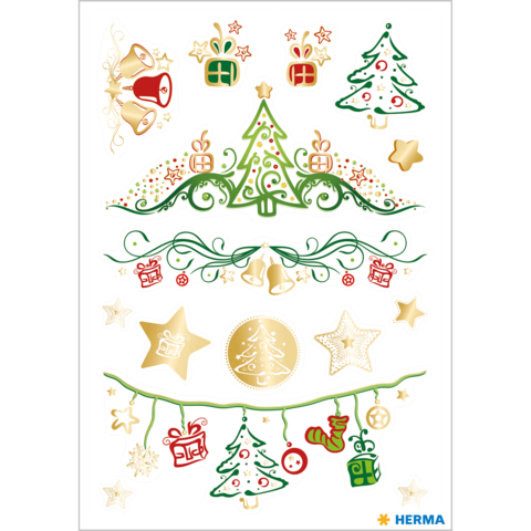 Weihnachtliche Dekorationselemente, darunter Geschenke, Weihnachtsbaum, Sterne, Glocken und Lichtergirlanden in verschiedenen Farben.